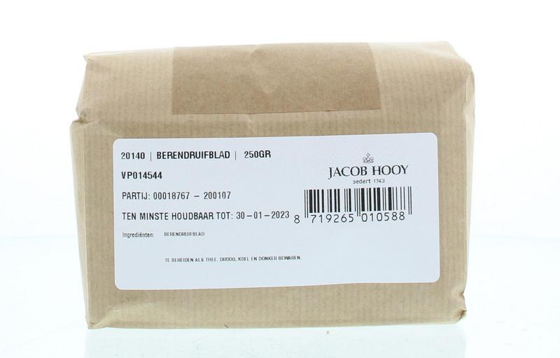 Jacob Hooy Berendruifblad 250g herbal mixture with dried leaves, used in cooking and traditional remedies.
