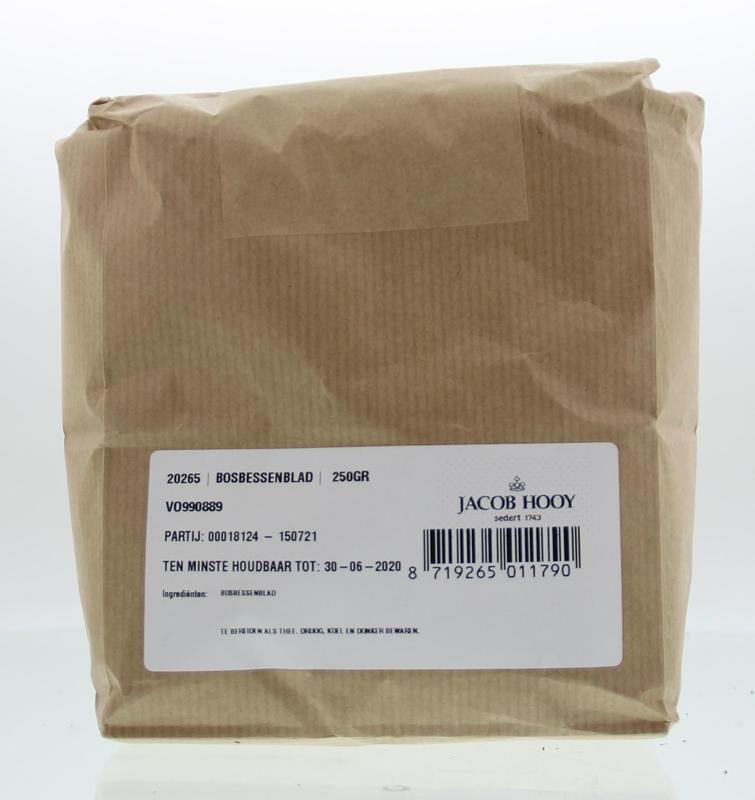 Jacob Hooy Bosbessenblad kruiden in een 250g pak, vers en gedroogd voor gebruik in maaltijden en thee.
