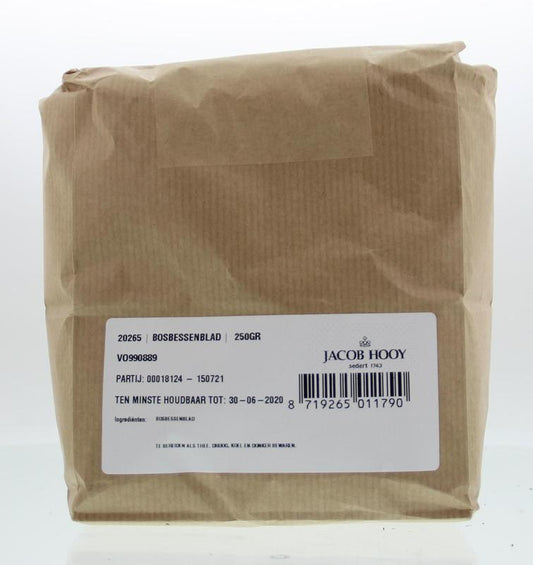 Jacob Hooy Bosbessenblad kruiden in een 250g pak, vers en gedroogd voor gebruik in maaltijden en thee.