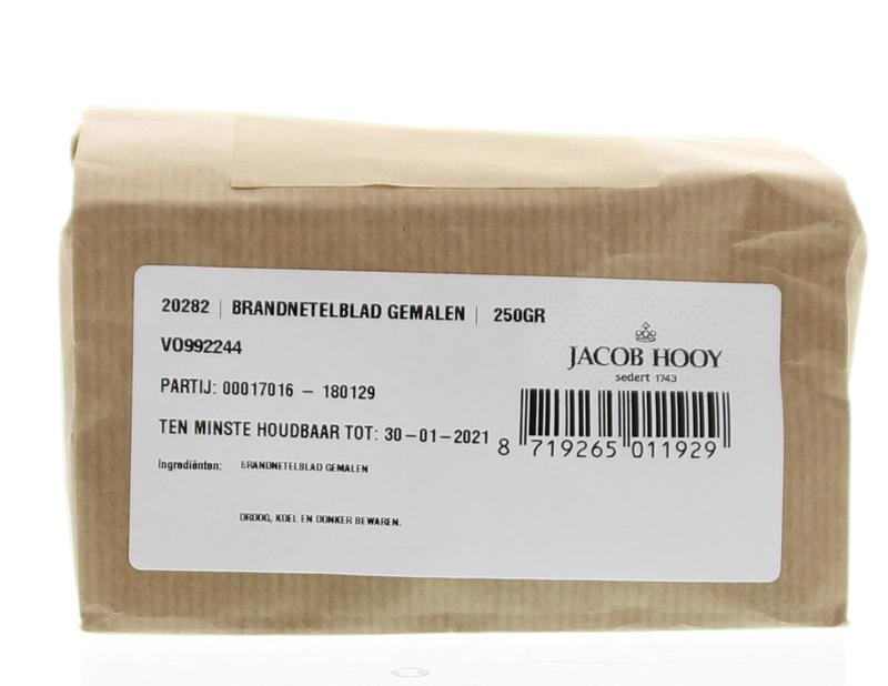 Grounded stinging nettle herb from Jacob Hooy in a 250g package, ideal for herbal remedies and cooking.