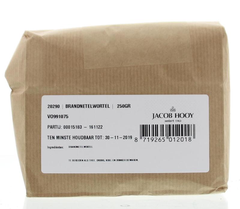 Jacob Hooy brandnetelwortel in 250g package, herbal root used in kruiden, zouten, en maaltijdmixen, shown in the image.