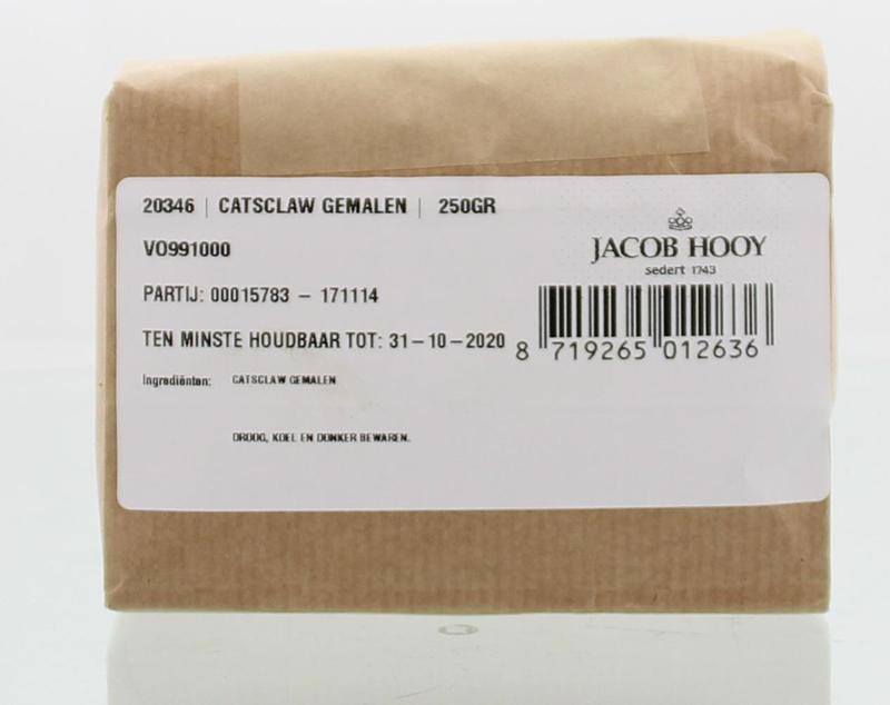 Ground Jacob Hooy Cat's Claw herbal supplement in a 250g package, part of kruiden, zouten en maaltijdenmixen.