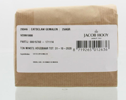 Ground Jacob Hooy Cat's Claw herbal supplement in a 250g package, part of kruiden, zouten en maaltijdenmixen.