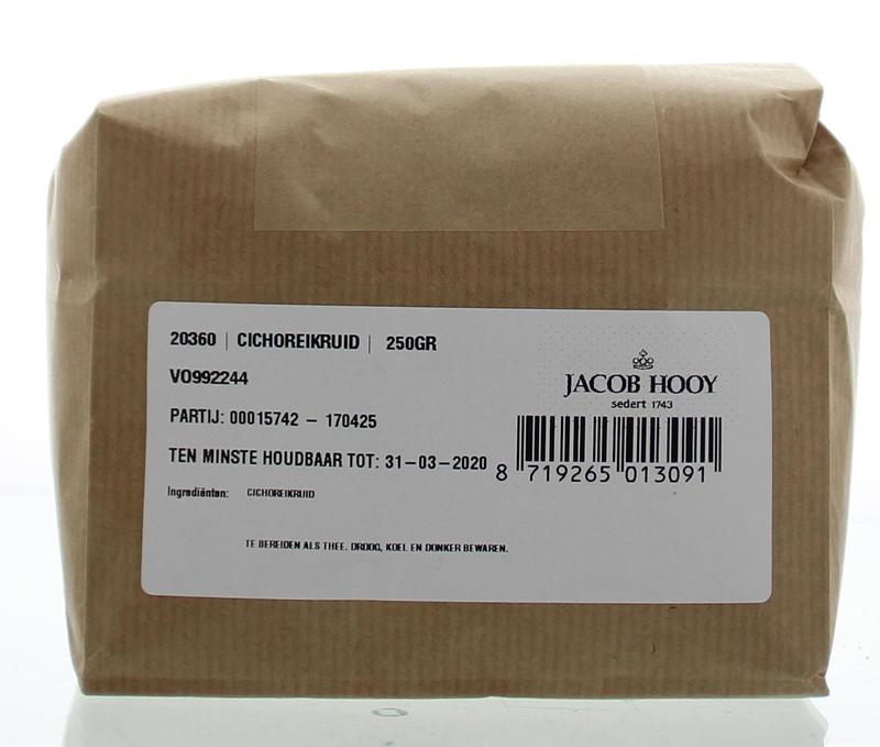 Dried Jacob Hooy Cichorei kruid in a 250g package, suitable for herbal teas and cooking, with fresh, brownish herb pieces visible.