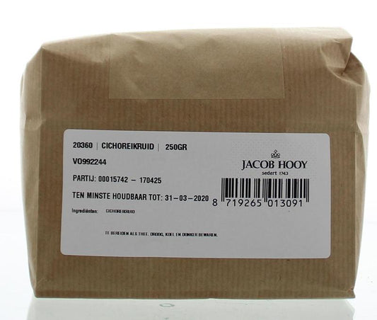 Dried Jacob Hooy Cichorei kruid in a 250g package, suitable for herbal teas and cooking, with fresh, brownish herb pieces visible.