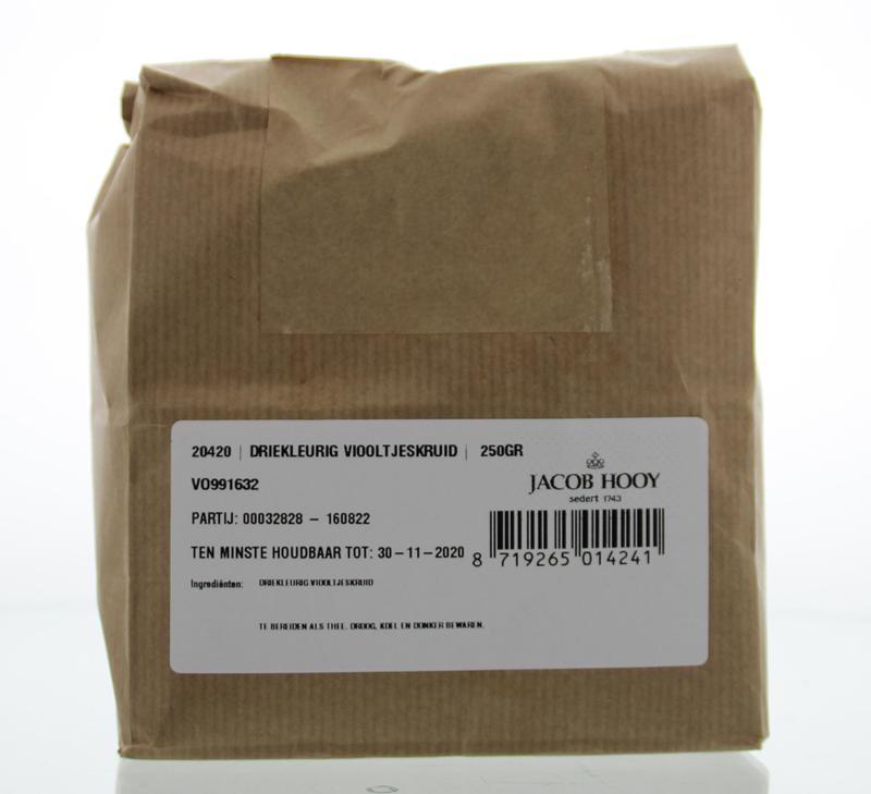 Jacob Hooy Driekleurig viooltjeskruid in 250g package, a colorful herb used in cooking, part of kruiden, zouten en maaltijdmixen.