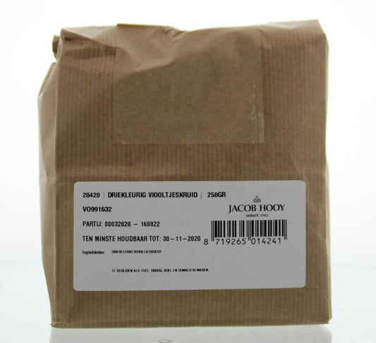 Jacob Hooy Driekleurig viooltjeskruid in 250g package, a colorful herb used in cooking, part of kruiden, zouten en maaltijdmixen.