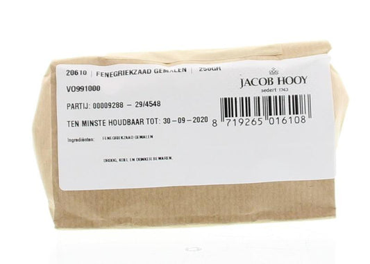 Ground fenugreek from Jacob Hooy in a 250g package, part of herbs, spices, and meal mixes collection.