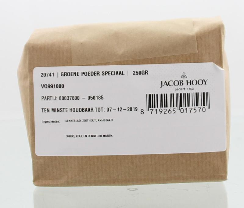 Jacob Hooy Groene poeder speciaal in 250g package, herbal seasoning and meal mix with vibrant green color.