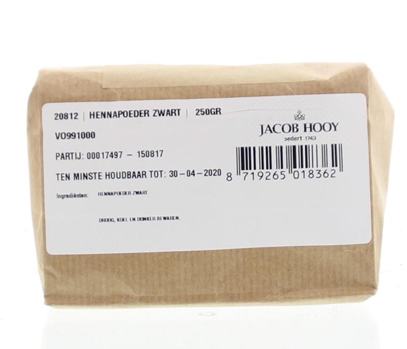 Jacob Hooy Hennapoeder zwart, 250g, natural black henna powder for hair coloring, in a close-up of the powdered henna in a bowl.