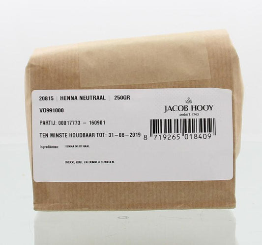 Jacob Hooy Hennapoeder neutraal, 250g, hair care powder displayed in a clear container with natural Henna powder.