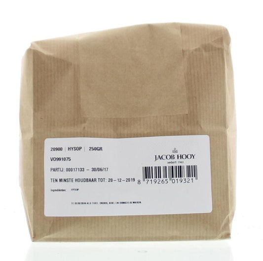 Jacob Hooy Hyssop kruiden in 250g package, fresh dried hyssop leaves for cooking and herbal remedies.