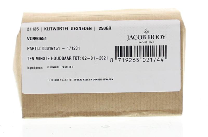 Sliced Jacob Hooy Klitwortel in a 250g package, a herbal seasoning and meal mix, displayed in a close-up view.