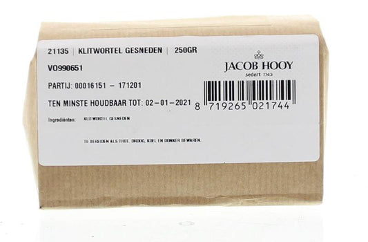 Sliced Jacob Hooy Klitwortel in a 250g package, a herbal seasoning and meal mix, displayed in a close-up view.