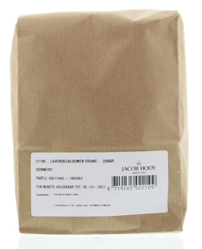 Dried lavender flowers in a jar, Jacob Hooy Lavendelbloemen 250g, herbal spice for cooking and herbal remedies.
