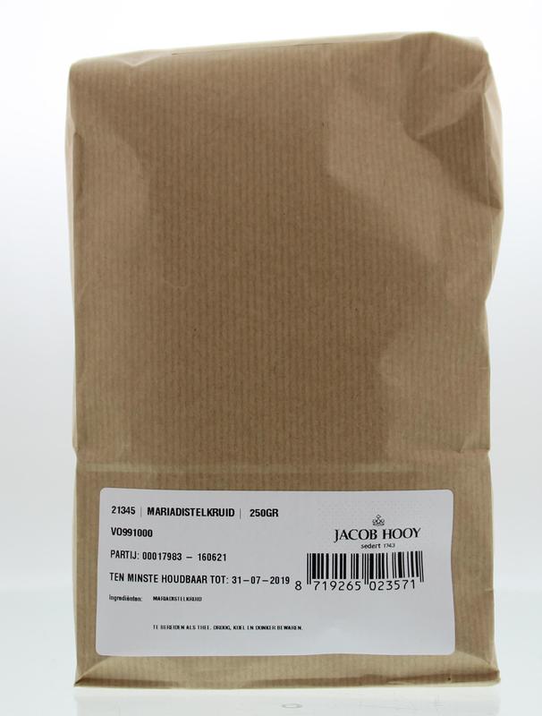 Jacob Hooy Mariadistelkruid dried herbs in 250g package, fresh-cut and packaged for cooking and herbal remedies.