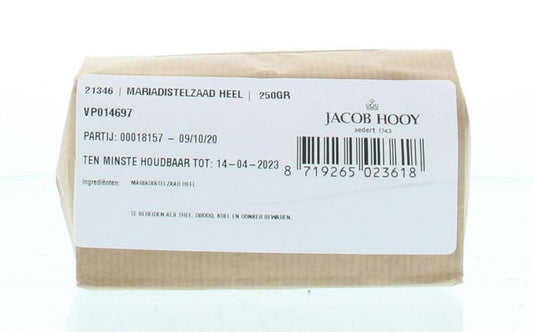 Jar of Jacob Hooy Mariadistelzaad (milk thistle seeds) in a clear glass container, showing the brown seeds inside.