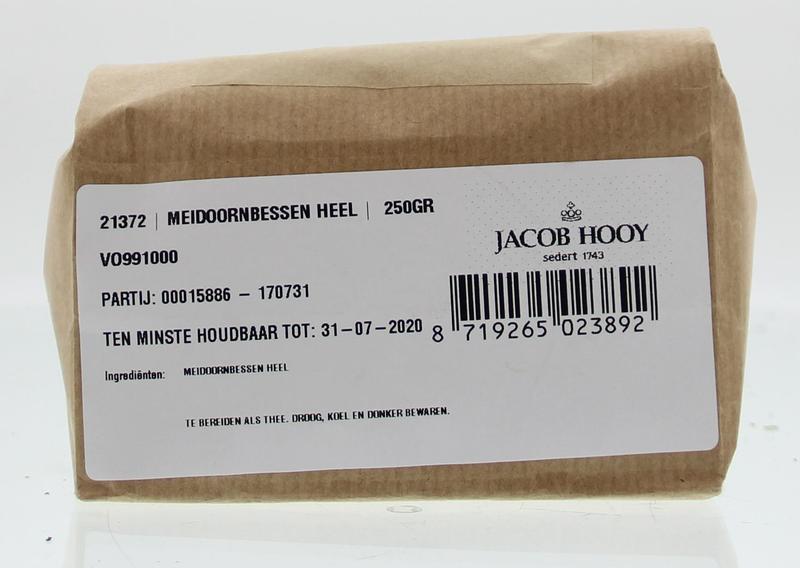 Jacob Hooy Meidoornbessen in een 250g verpakking, onderdeel van kruiden en zouten, met een close-up van de gedroogde bessen.