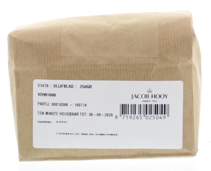 Sliced Jacob Hooy olive leaf in a 250g package, herbal seasoning for cooking and health uses.