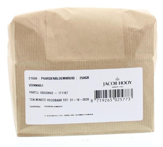Dried sliced milk thistle herb in a 250g package, by Jacob Hooy, used in herbal teas and natural remedies.