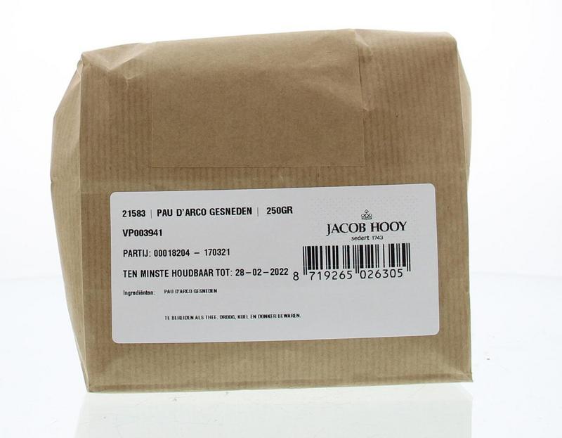 Jacob Hooy Pau d'arco gesneden kruiden in 250 gram verpakking, dried bark slices for herbal tea and remedies.