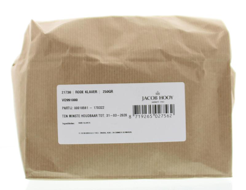 Jacob Hooy sliced red clover herb in 250g package, used in herbal remedies and teas, shown in a clear image.