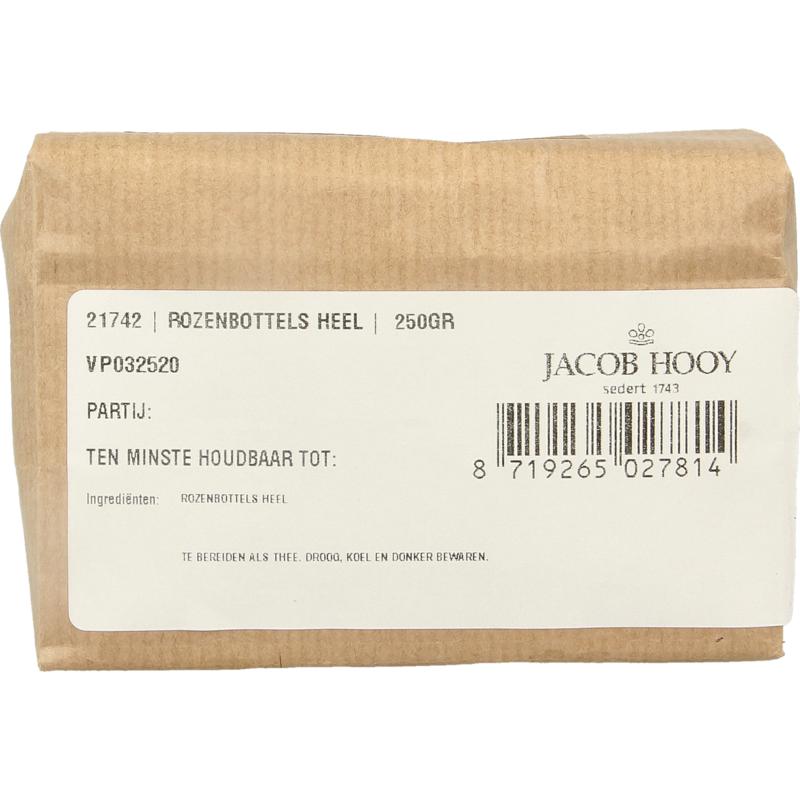 Jacob Hooy Rozenbottels heel in 250g package, dried rose hips, part of kruiden, zouten en maaltijdmixen product line