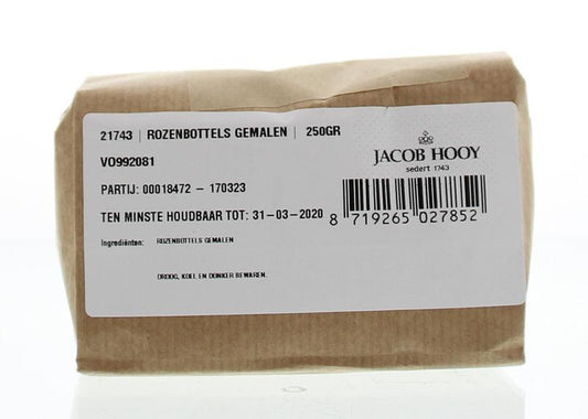 Ground rosehip powder from Jacob Hooy, 250 grams, in a clear jar, part of herbal, salt, and seasoning blends.
