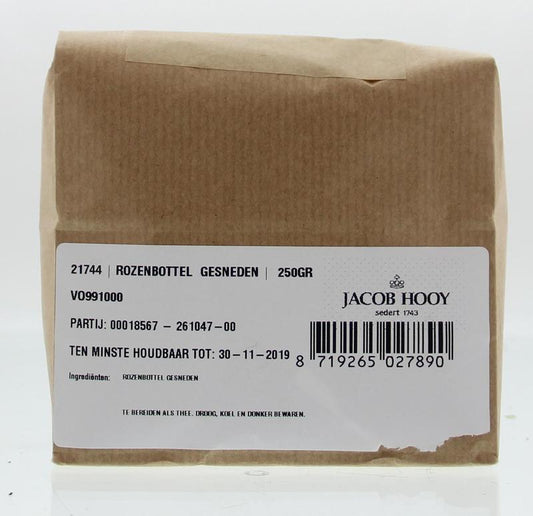 Jacob Hooy Rozenbottels zonder zaad in 250g, dried rose hips for herbal teas and cooking, shown in a clear package.
