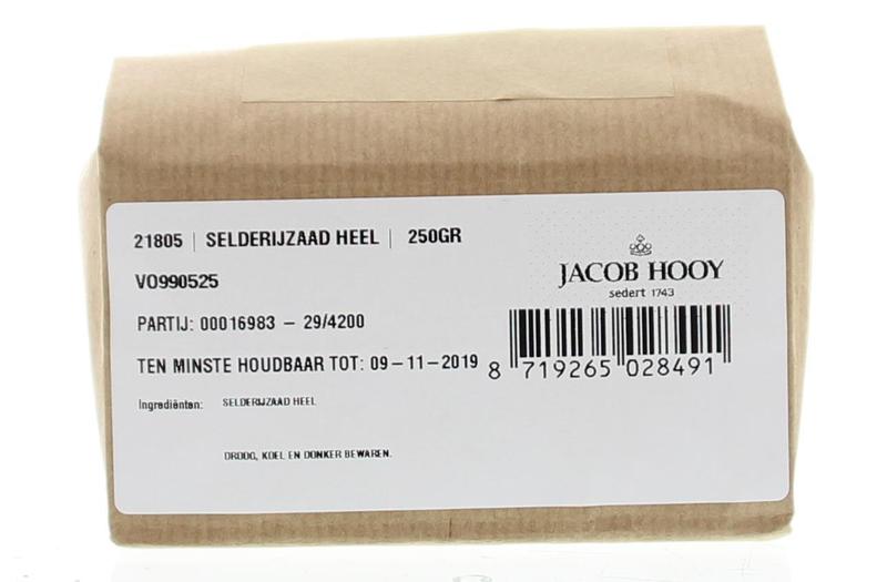 Jacob Hooy celery seed in a 250g package, natural herb used in cooking, part of kruiden, zouten en maaltijdmixen collection.