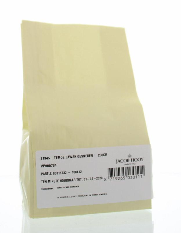 Sliced Temoe lawak root from Jacob Hooy, 250g, herbal spice used in cooking and traditional remedies.