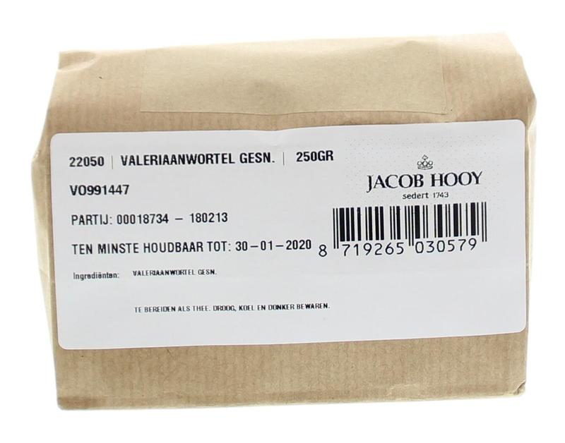 Sliced Valerian root in a 250g bag from Jacob Hooy, herbal supplement used for relaxation and sleep.