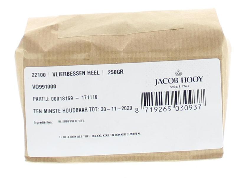 Jar of Jacob Hooy Vlierbessen 250g, dried elderberries used in herbal remedies and cooking, with label showing product details.