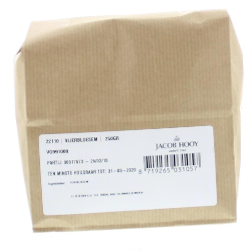 Jacob Hooy Vlierbloesem in 250g package, dried elderflower herbs for teas and remedies, displayed in a clear container.