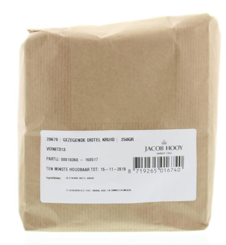 Jacob Hooy blessed thistle in a 250g package, natural herbal supplement with dried, green leaves and stems for wellness use.