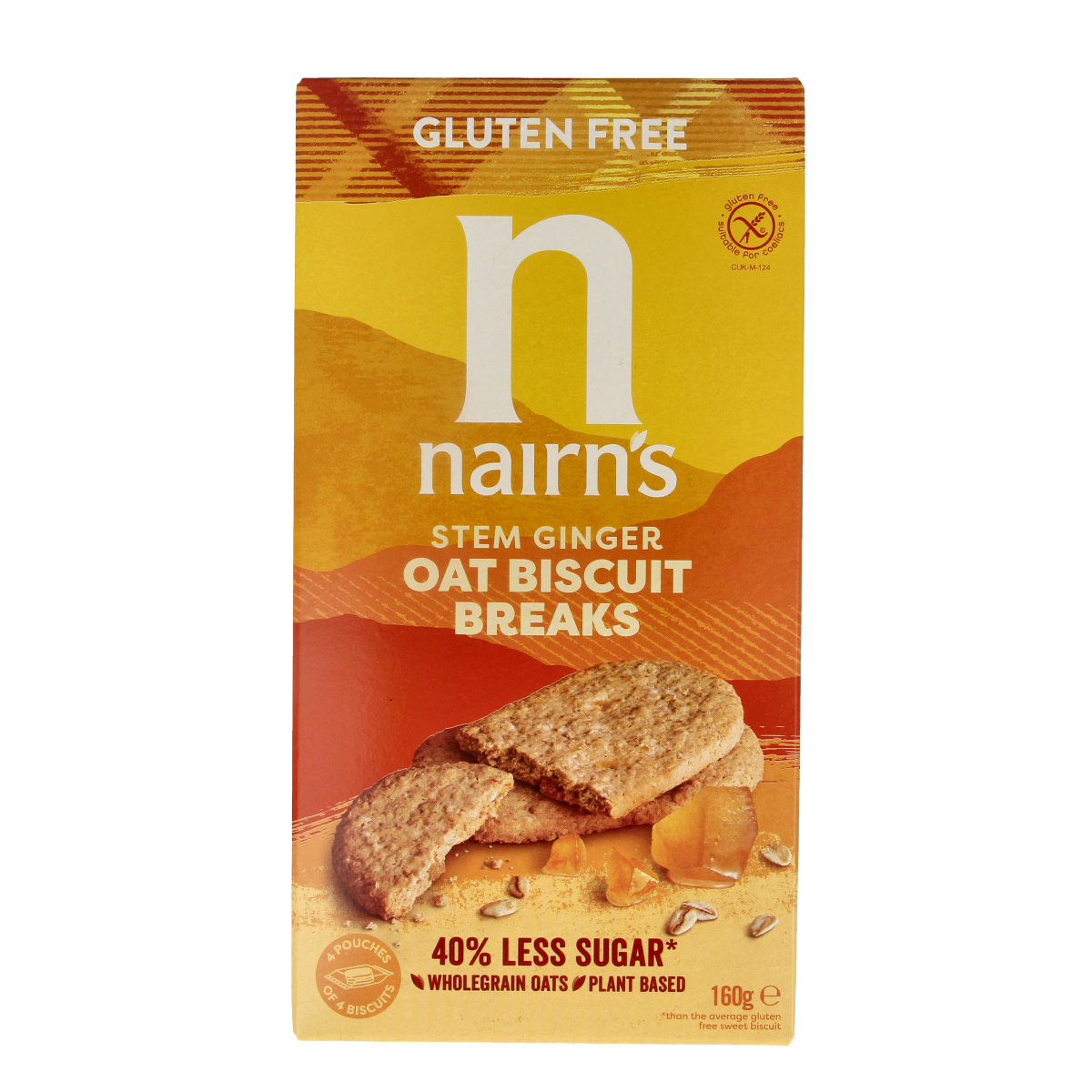 Nairns ginger biscuit breaks in a 160g package, showing golden-brown, crunchy biscuits with ginger flavor on the front.