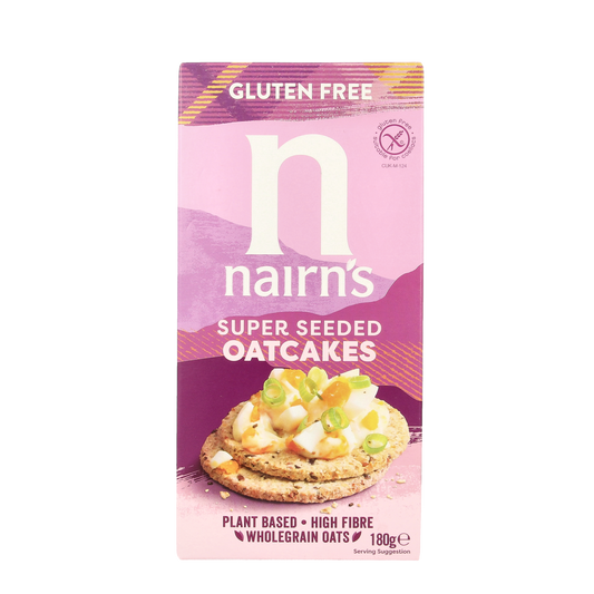Nairns Super Seeded Oatcakes, raw superfood crackers, 180g, with visible seeds and crisp texture.