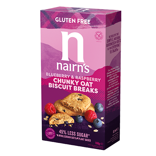 Nairns blueberry and raspberry breakfast biscuits in a 160g package, crispy oat-based ontbijtgranen with fruit flavor.
