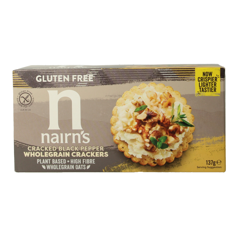 Nairns Cracker Volkoren Pepper, whole grain crackers with pepper seasoning, 137 grams.