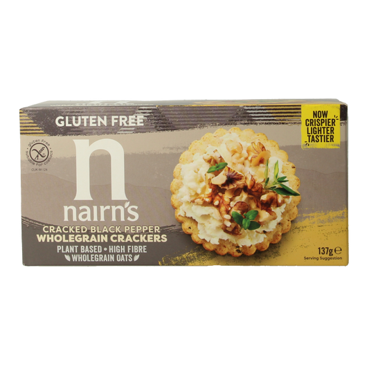 Nairns Cracker Volkoren Pepper, whole grain crackers with pepper seasoning, 137 grams.