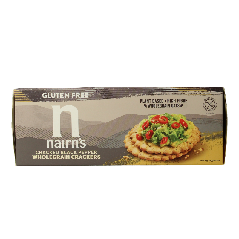 Nairns Cracker Volkoren Pepper, 137g, whole grain crackers with pepper seasoning, served on a neutral background.