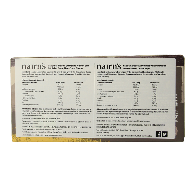 Nairns Cracker Volkoren Pepper, whole grain crackers with pepper, 137 grams, crisp and crunchy snack or accompaniment.