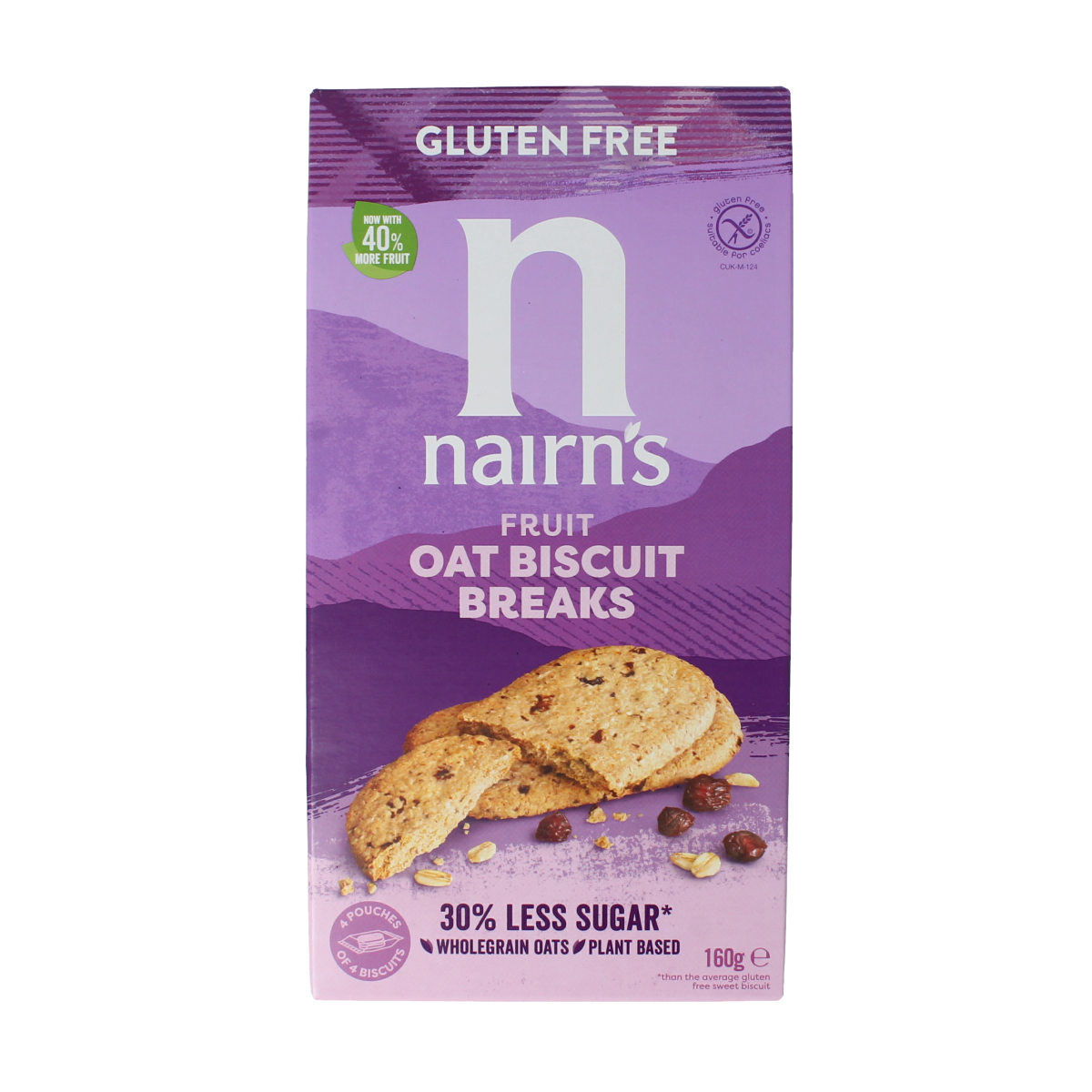 Nairns Biscuit Breaks oats and fruit Koeken in a 160g package, featuring crunchy oat and dried fruit pieces.
