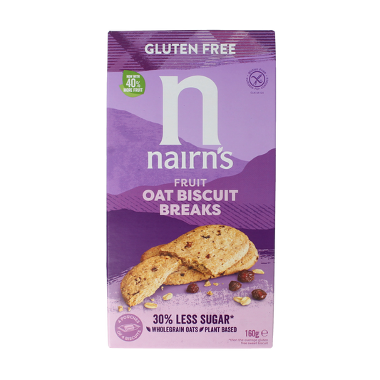 Nairns Biscuit Breaks with oats and fruit, 160g, showing crispy koeken with visible oats and dried fruit pieces
