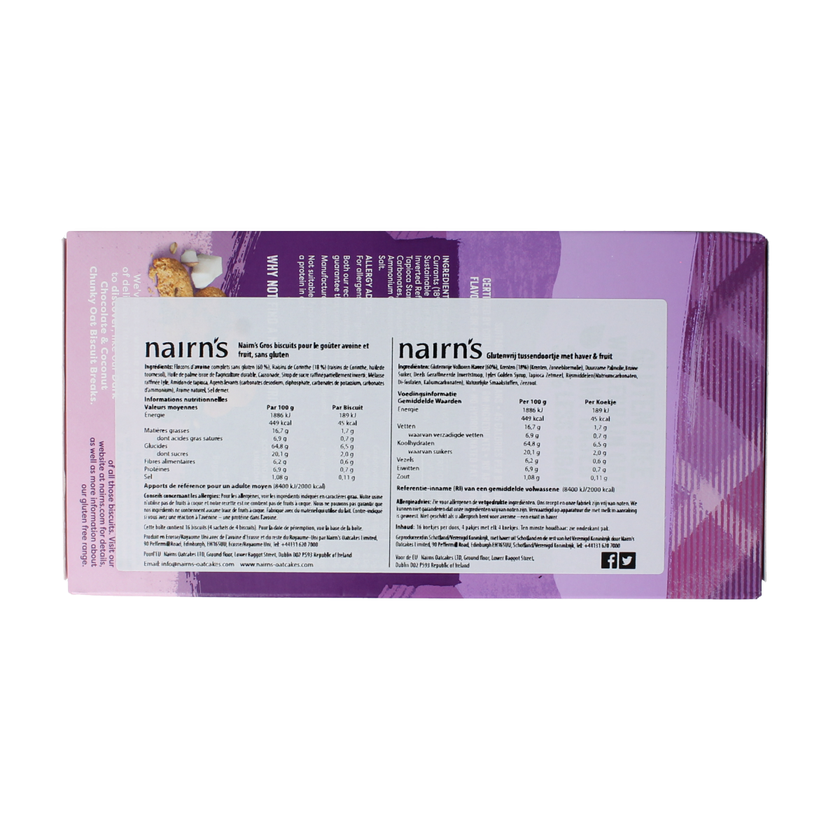 Nairns Biscuit Breaks oats and fruit koeken in a 160g package, featuring oat and fruit pieces in a crispy biscuit.