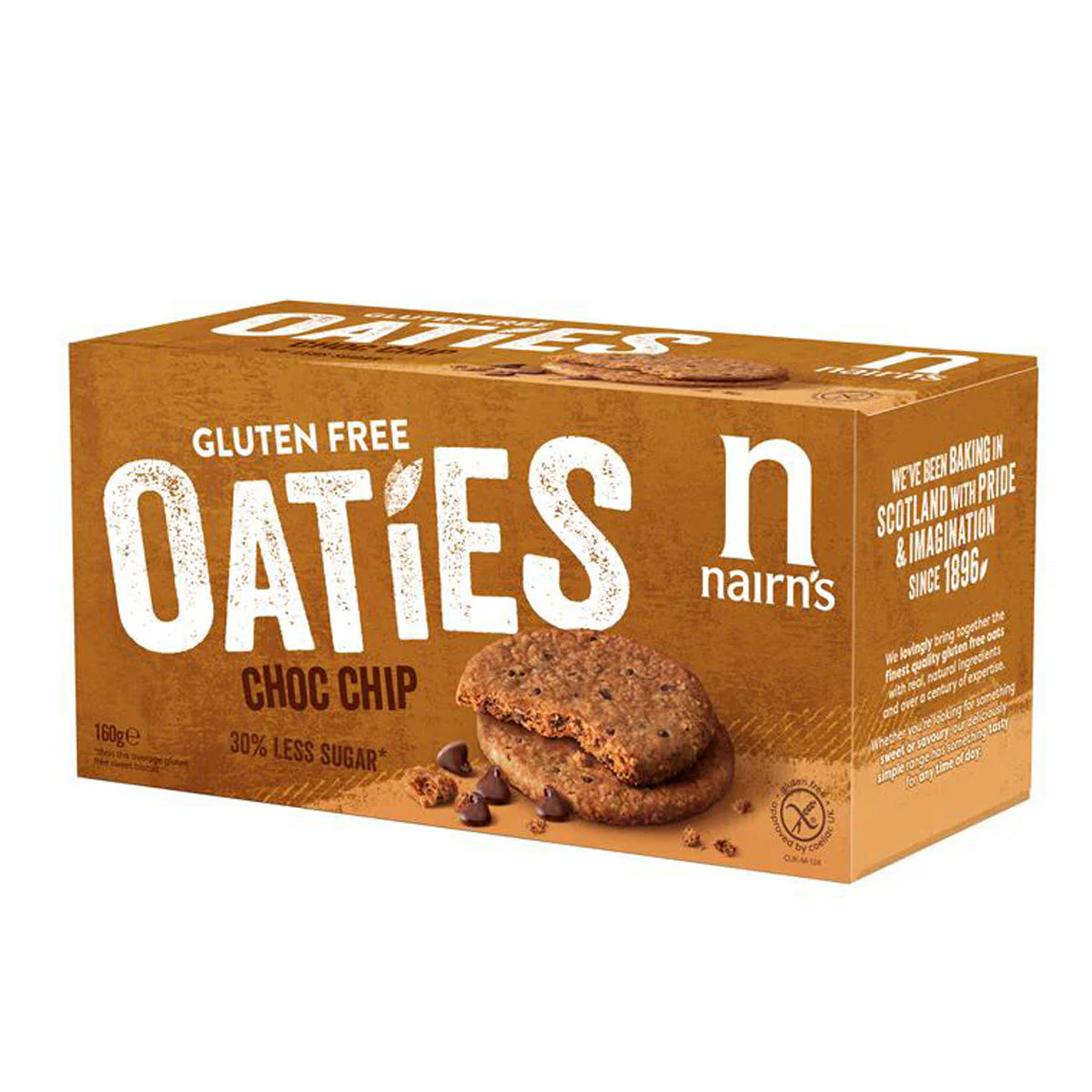 Nairns Oaties chocolate chip gluten-free cookies showing golden-brown oat cookies with chocolate chips in a close-up image.