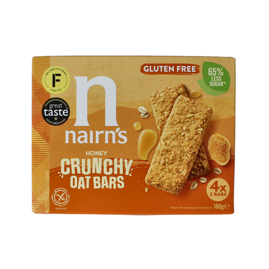 Nairns crunchy oat bars with honey, gluten-free koeken, 160 grams, featuring golden oats and honey drizzle on the packaging