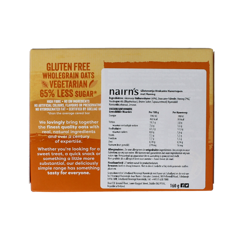 Nairns crunchy oat bars with honey, gluten-free, 160 grams, showing golden oat cookies with honey drizzle and packaging.