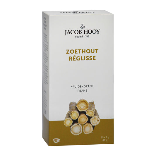Jacob Hooy Zoethout thee herbal tea in a box with 20 tea bags, showing the packaging and tea infusion.