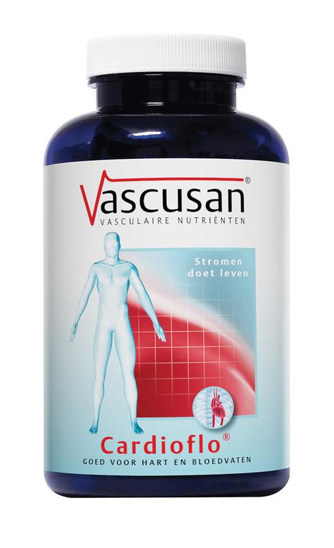 Vascusan Cardioflo 150mg multivitamin tablets bottle, dietary supplement for heart health, with colorful tablets visible.